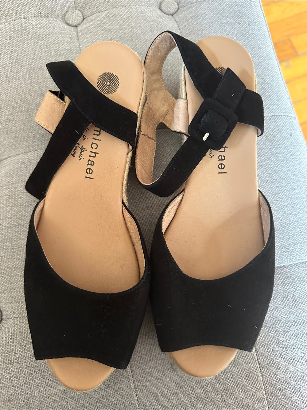 Eric Michael Zoe Black Suede Ankle Strap Espadrilles Sandals